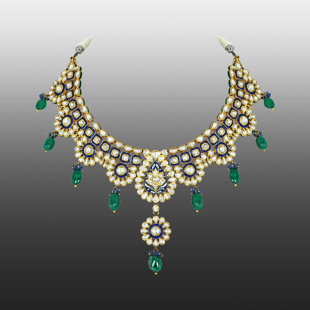 Blue Enamel Polki Necklace with Floral Pendant and Emerald Drops